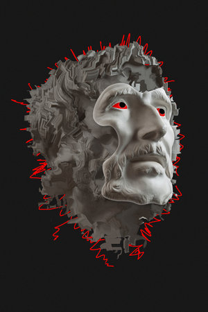 Antique sculpture of face old bearded man surreal collage in pop art style. Modern image with cut details statue head. Zine culture. Contemporary art poster. Funky crazy minimalism. Strict stern man.の写真素材