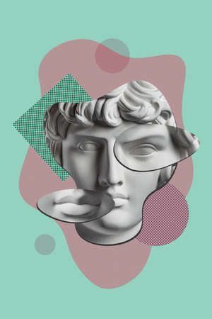 Collage with plaster antique sculpture of human face in a pop art style. Modern creative concept image with ancient statue head. Zine culture. Contemporary art poster. Funky minimalism. Retro design.の写真素材