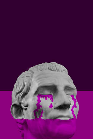 Collage with sculpture of human face in a pop art style. Modern creative concept image with ancient statue head. Zine culture. Contemporary art poster. Funky punk minimalism. Retro surreal design.の写真素材