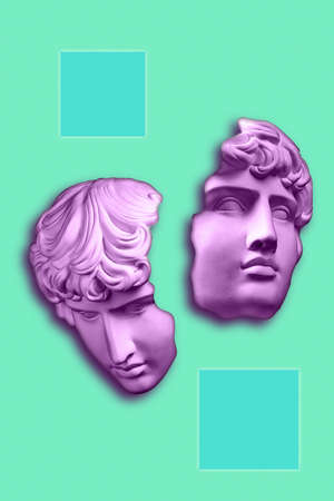 Collage with plaster antique sculpture of human face in a pop art style. Modern creative concept image with ancient statue head. Zine culture. Contemporary art poster. Funky minimalism. Retro design.の写真素材