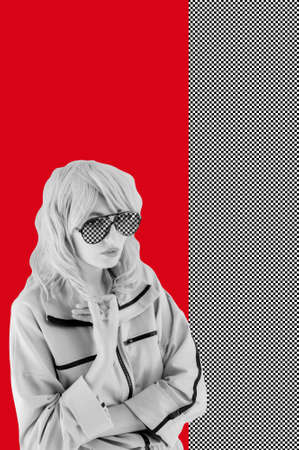 Funky woman in sunglasses. Crazy lady and surreal composition of textures, shapes, gradients....