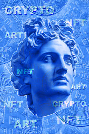 NFT Non fungible token. Crypto art concept. Technology selling unique collectibles, games characters, blockchain assets and digital artwork. Future of art market. Cryptocurrencies and e-commerce.の写真素材