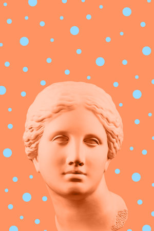 Collage with sculpture of human face in a pop art style. Modern creative concept image with ancient statue head. Zine culture. Contemporary art poster. Funky punk minimalism. Retro surreal design.の写真素材