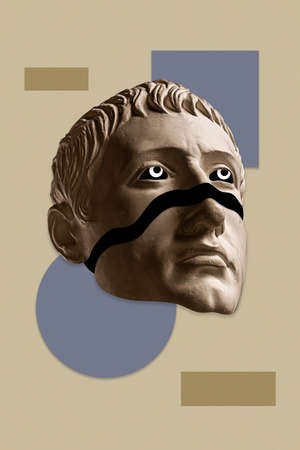 Collage with sculpture of human face in a pop art style. Modern creative concept image with ancient...