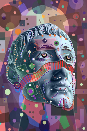 Collage with sculpture of human face in a pop art style. Modern creative concept image with ancient statue head. Zine culture. Contemporary art poster. Funky punk minimalism. Crypto art design.の写真素材