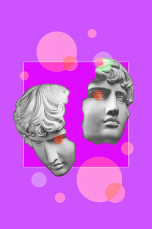 Collage with plaster antique sculpture of human face in a pop art style. Modern creative concept...
