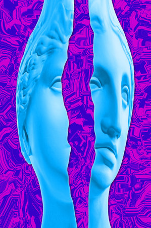 Collage with plaster antique sculpture of human face in a pop art style. Modern creative concept image with ancient statue head. Zine culture. Contemporary art poster. Funky minimalism. Retro design.の写真素材