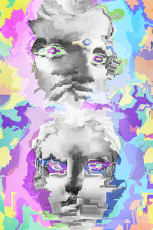 Collage with plaster antique sculpture of human face in a pop art style. Modern creative concept image with ancient statue head. Zine culture. Contemporary art poster. Funky minimalism. Retro design.の写真素材