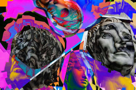 Collage with plaster antique sculpture of human face in a pop art style. Modern creative concept image with ancient statue head. Zine culture. Contemporary art poster. Funky minimalism. Retro design.の写真素材