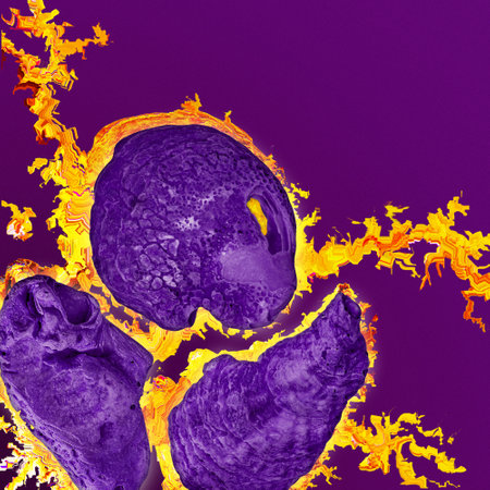 Contemporary art collage, modern bold design. Colorful composition with fossil seashell. Funky surreal style. Wallpaper mockup template for your design. Unusual vibrant texture. Fancy strange objects.の写真素材