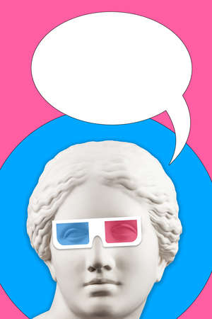 Collage with sculpture of human face in a pop art style. Creative concept image with statue head and...