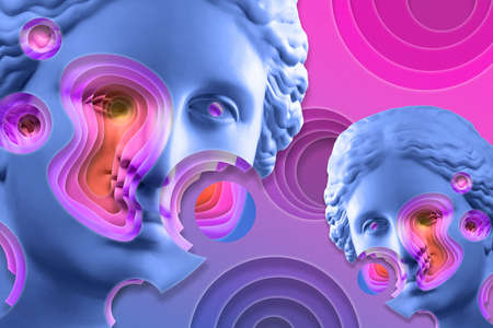 Collage with plaster antique sculpture of human face in a pop art style. Modern creative concept image with ancient statue head. Zine culture. Contemporary art poster. Funky minimalism. Retro design.の写真素材