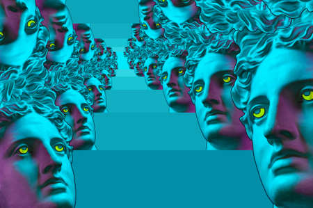 Collage with many plaster antique sculpture of human face in a surreal art style. Modern creative concept image with ancient statue head. Zine culture. Contemporary art poster. Funky surrealism.の写真素材