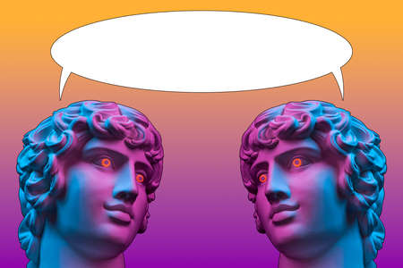 Collage with sculpture of human smiles face in a pop art style. Creative concept image with statue head and comics bubble. Contemporary art poster. Comics funky design. Copy space. Zine culture.の写真素材