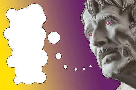 Collage with sculpture of human face in a pop art style. Creative concept image with statue head and...