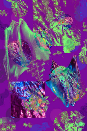 Contemporary art collage, contemporary bold design. Composition with sea shells. Awesome surreal style. Wallpaper layout template for your design. Unusual strange objects. Fancy vibrant texture.の写真素材