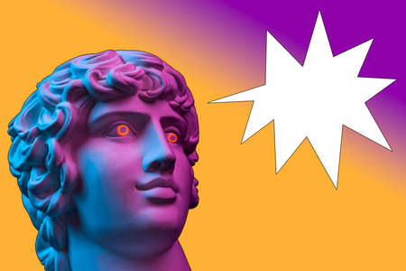 Collage with sculpture of human smiles face in a pop art style. Creative concept image with statue head and comics bubble. Contemporary art poster. Comics funky design. Copy space. Zine culture.の写真素材