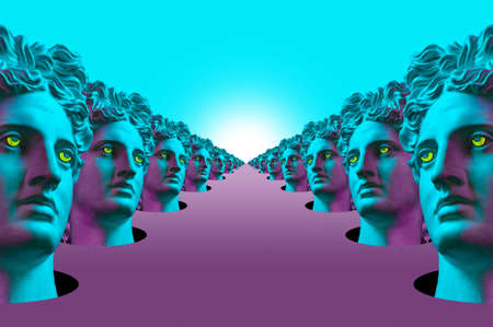 Collage with many plaster antique sculpture of human face in a surreal art style. Modern creative concept image with ancient statue head. Zine culture. Contemporary art poster. Funky surrealism.の写真素材