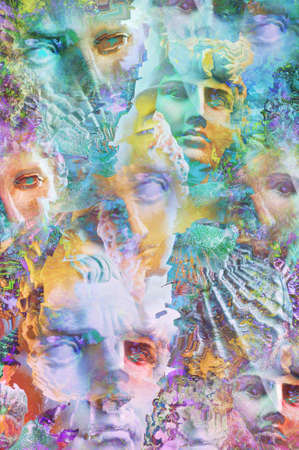 Modern creative background with ancient statue head and sea shells. Collage with sculpture of human...