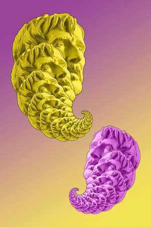 Collage with plaster antique sculpture of human face in a pop art style. Modern creative concept...