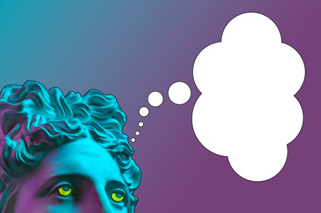 Collage with sculpture of human face in a pop art style. Creative concept image with statue head and...
