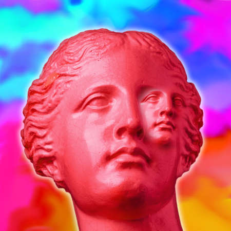 Collage with plaster antique sculpture of human face in a pop art style. Modern creative concept...