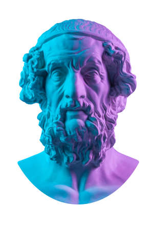 Blue pink gypsum copy of ancient statue Homer head for artists. Plaster antique sculpture of human face. Ancient greek poet and philosopher Homer is the legendary author of the poems Iliad and Odysseyの写真素材