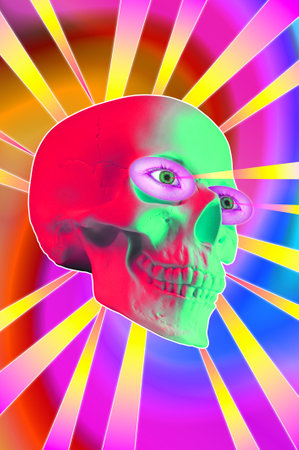 Collage with plaster copy of human skull in surrealism style. Modern creative poster with man skull head. Contemporary art. Funky punk minimalism design. Halloween and death day Mexico concept.の写真素材