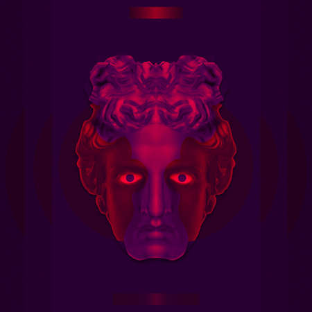 Collage with plaster antique sculpture of human face in a pop art style. Modern creative concept image with ancient statue head. Zine culture. Contemporary art poster. Funky minimalism. Retro design.の写真素材