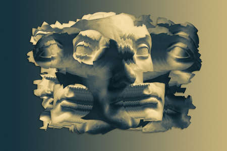 Collage with antique sculpture of human face in surreal style. Modern creative concept image with ancient statue head. Zine culture. Contemporary art poster. Funky punk minimalism. Unusual design.の写真素材