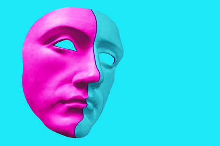 Collage with antique sculpture of mask human face in pop art style. Modern creative concept image with ancient statue head. Zine culture. Contemporary art poster. Funky punk minimalism. Unusual designの写真素材