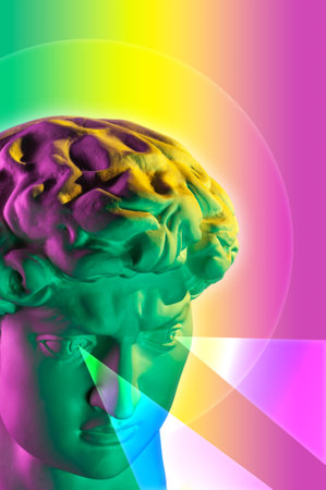 Collage with antique sculpture of human face with rays from eyes in pop art style. Modern creative concept image with ancient statue head. Contemporary art poster. Funky punk colorful unusual design.の写真素材