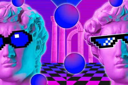 Collage with man face of antique sculpture in pixel glasses. Vaporwave style. Modern creative image with head ancient statue. Funky punk template for art, dj, fashion, zine. Contemporary art poster.の写真素材