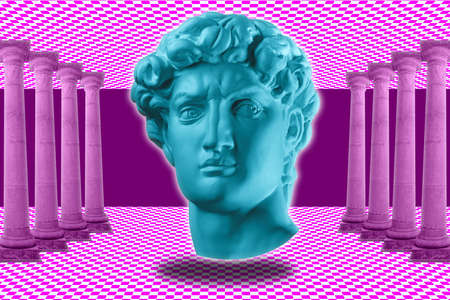 Collage with man face of antique sculpture in vaporwave style. Modern creative concept image with...