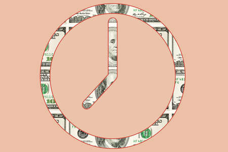 Contemporary art background with watch and one hundred banknotes . Digital texture backdrop. Trendy art, creative fun culture.Modern template for pop art, modernism, cubism artwork.Time is money.の写真素材