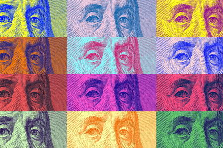 Contemporary artwork close up president banknotes face. Digital texture backdrop. Trendy pop art fun culture. Neural network art poster. Funky punk collage design. Creative concept money illustration.の素材