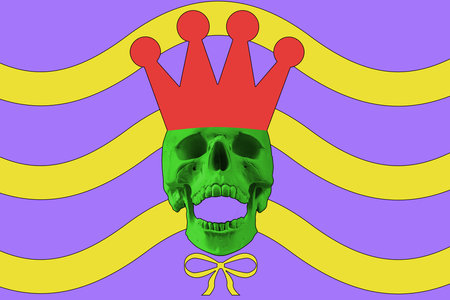 Contemporary art background with skull and crown. Digital texture backdrop. Trendy art, creative fun culture. Contemporary neural network art poster. Funky punk conch collage.Creative concept pop art.の写真素材