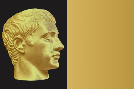 Antique sculpture of human face in artificial intelligence luxury art style. Modern creative concept image with ancient gold statue. Contemporary neural network art poster. Funky punk collage design.の写真素材