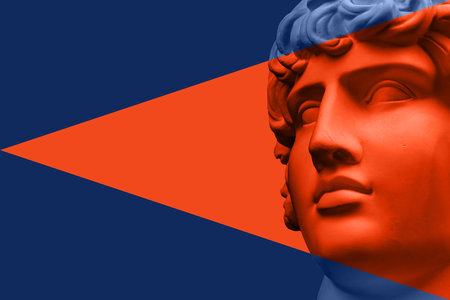 Antique sculpture of human face in artificial intelligence pop art style. Modern creative concept...