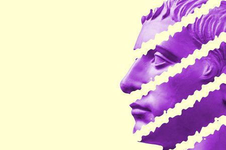 Antique sculpture of human face in artificial intelligence pop art style. Modern creative concept image with ancient statue head. Contemporary neural network art poster. Funky punk collage design.の写真素材