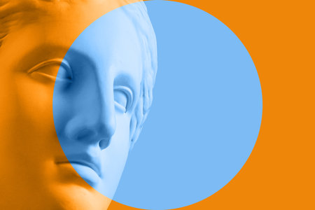 Antique sculpture of human face in artificial intelligence pop art style. Modern creative concept image with ancient statue head. Contemporary neural network art poster. Funky punk collage design.の写真素材