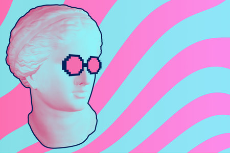 Antique sculpture of human face in artificial intelligence pop art style. Modern creative concept...
