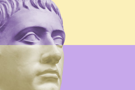 Antique sculpture of human face in artificial intelligence pop art style. Modern creative concept...