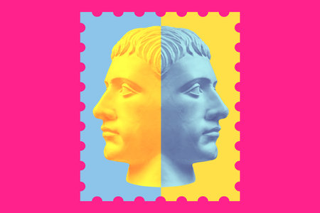 Antique sculpture of human face in artificial intelligence pop art style. Modern creative concept...