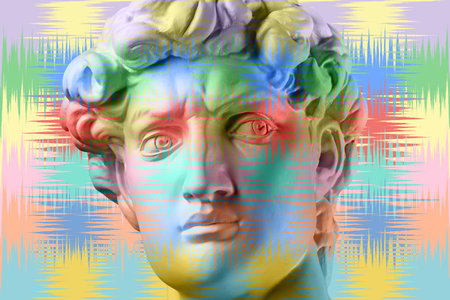 Antique sculpture of human face in artificial intelligence pop art style. Modern creative concept image with ancient statue head. Contemporary neural network art poster. Funky punk collage design.の写真素材