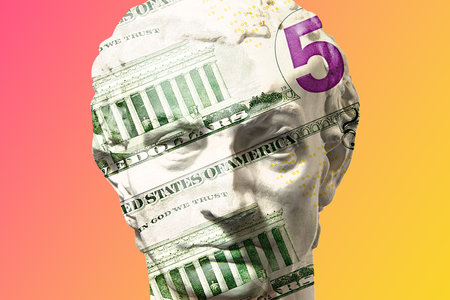 Antique sculpture of human face in artificial intelligence pop art style. Modern creative concept image with ancient statue head. Contemporary neural network art poster. Funky punk collage design.の写真素材