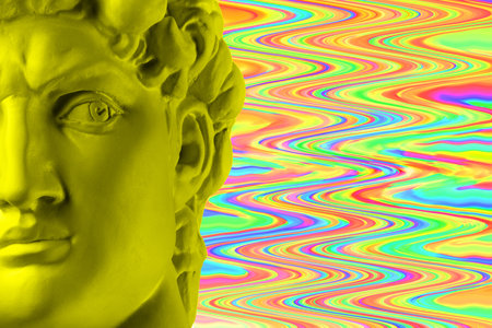 Antique sculpture of human face in artificial intelligence pop art style. Modern creative concept image with ancient statue head. Contemporary neural network art poster. Funky punk collage design.の写真素材