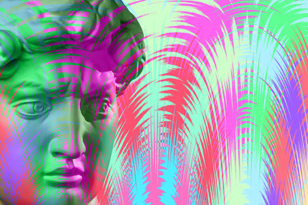 Antique sculpture of human face in artificial intelligence pop art style. Modern creative concept...