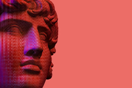Antique sculpture of human face in artificial intelligence pop art style. Modern creative concept image with ancient statue head. Contemporary neural network art poster. Funky punk collage design.の写真素材
