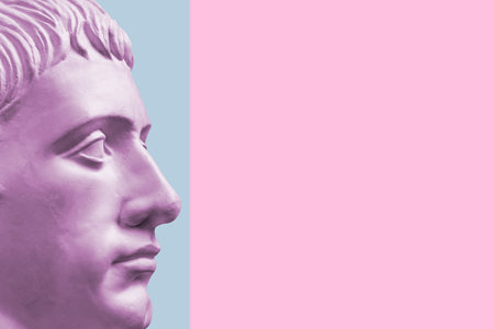 Antique sculpture of human face in artificial intelligence pop art style. Modern creative concept image with ancient statue head. Contemporary neural network art poster. Funky punk collage design.の写真素材